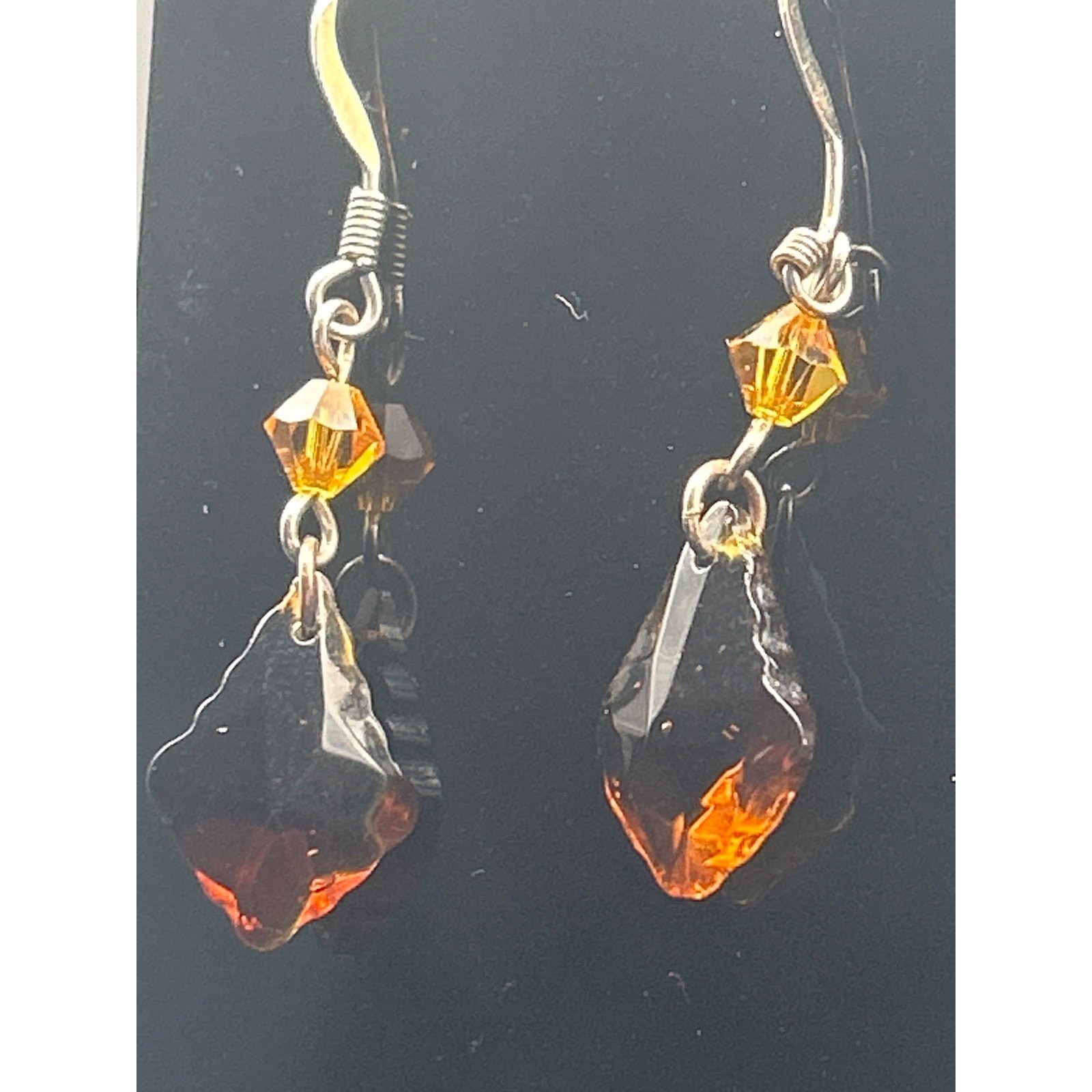 Vintage Amber Faceted Dangle Earrings | Orange Bead Diamond Drop