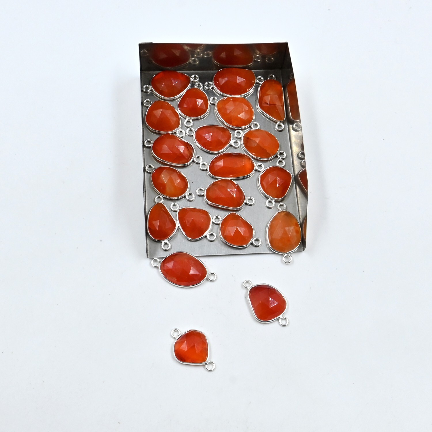 Carnelian Rose Cut Gemstone Connectors, 925 Sterling Silver Bezel 12x15mm 10Pc