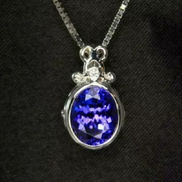2Ct Oval Tanzanite Solitaire Bezel Set Pendant 14K White Gold Finish Free Chain