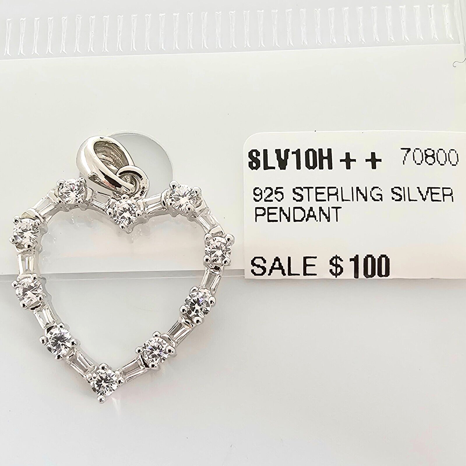 Solid 925 Sterling Silver Heart Outline Pendant With Round & Baguette, Prong Set