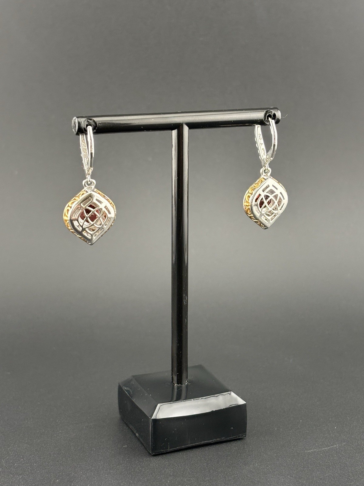 Genuine Garnet 925 Sterling Silver Two Tone Filigree Drop Earrings 7g