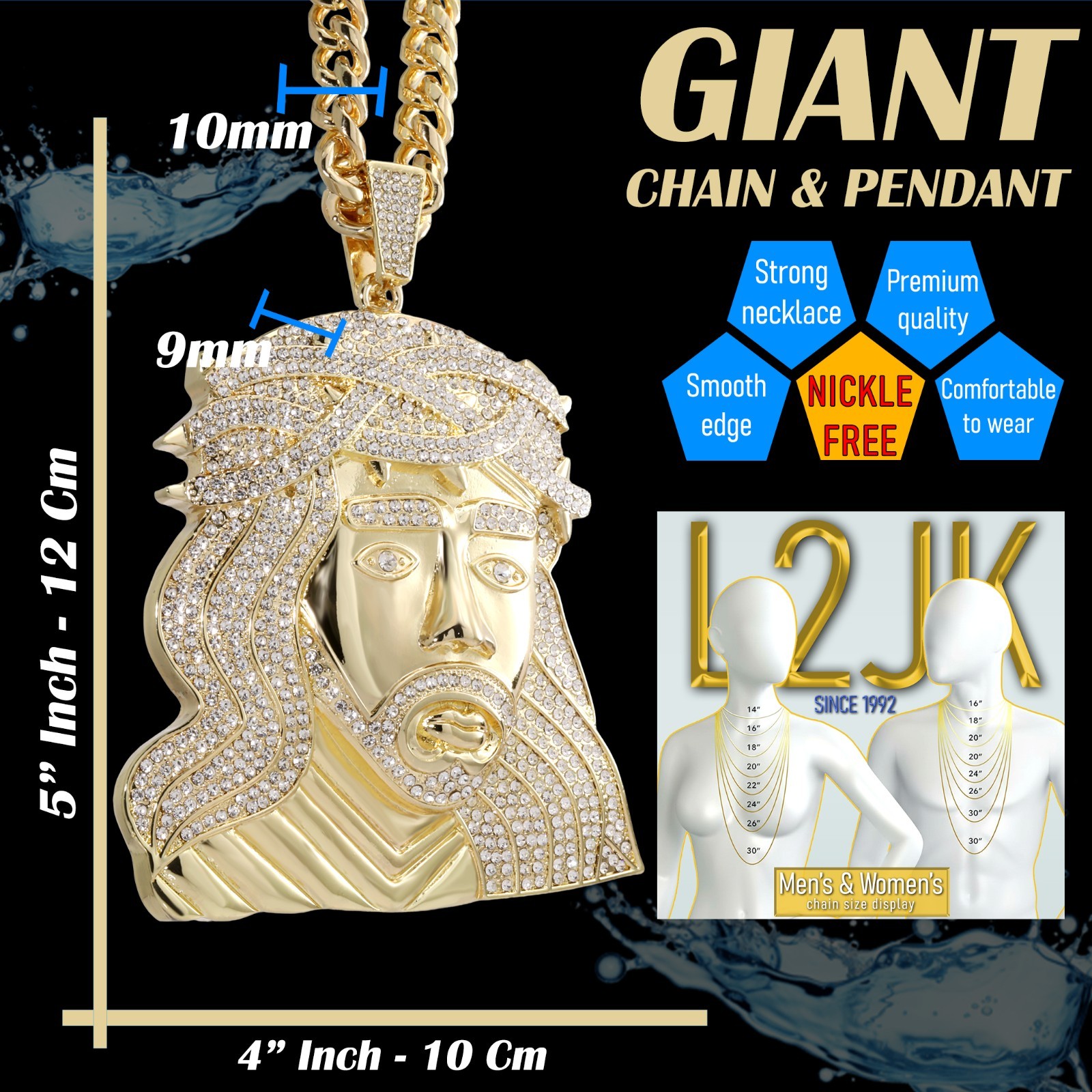 Miami Cuban Curb Chain Necklace 10mm 30In & Curly Hair Jesus Face Gold Plated XL