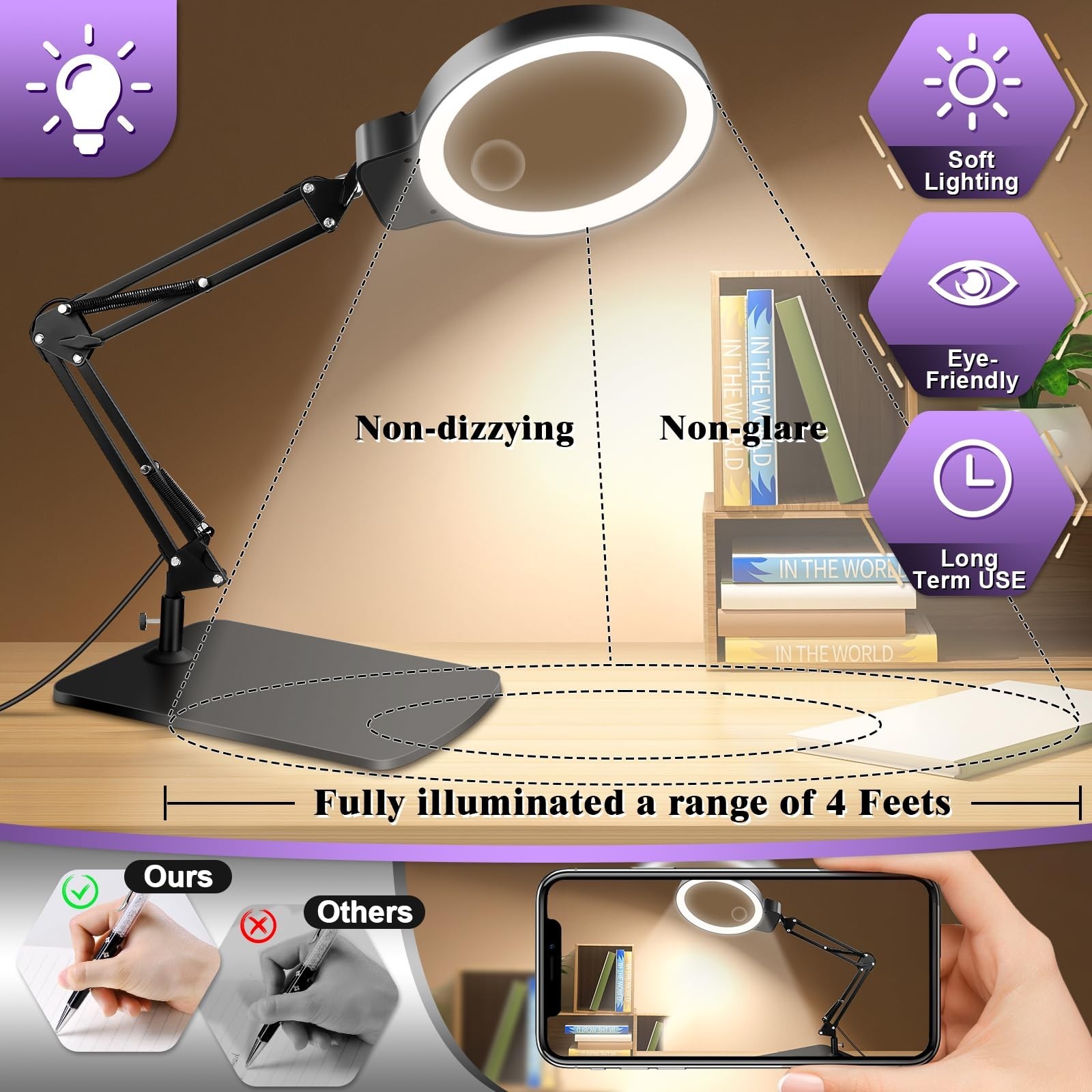 10X 30X Lighted Magnifying Glass with Stand & LED, 5-Inch Dimmable Desk Lamp for