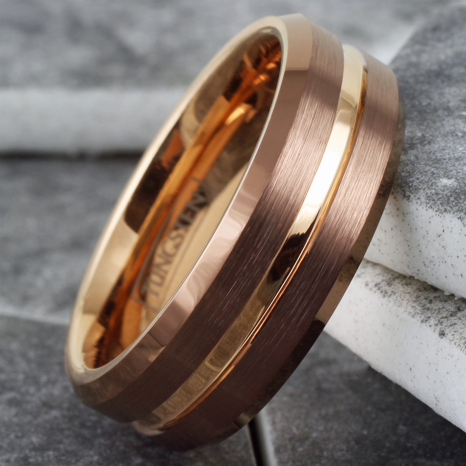 Bronze-Brown Tungsten Carbide Men’s Ring Rose Gold Plated Stripe Wedding Band