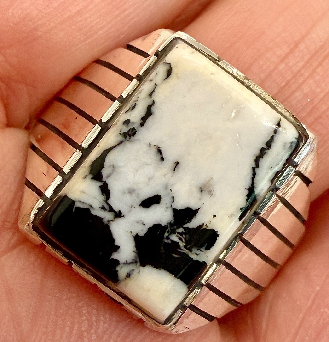 Navajo White Buffalo Turquoise Men’s Ring Size 13 Sterling by Trevor Jack 8.6g