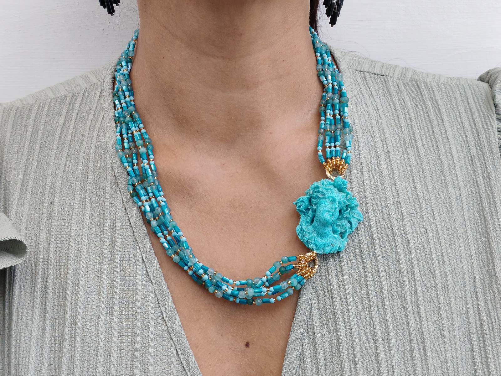 Women Turquoise Cameo Multifilament Elegant Mother of Pearl Necklace Made in Italy