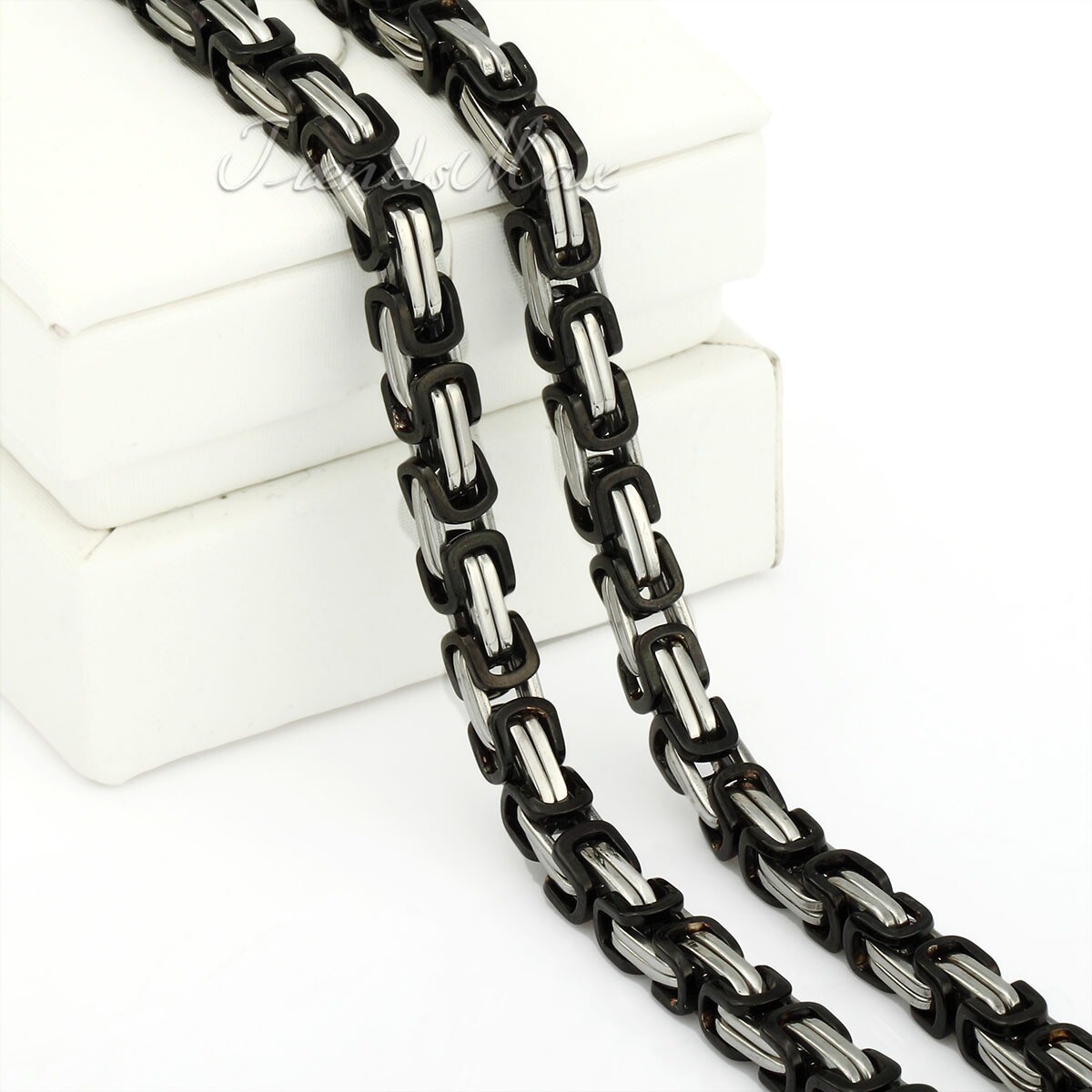20-30″ Black&Silver Mixed Byzantine Box Link Necklace Stainless Steel Mens Chain