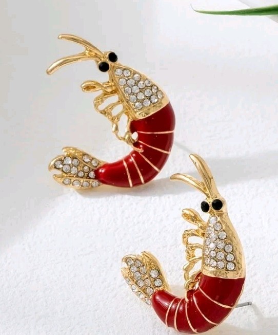 Super Cute Shrimp Stud Earrings, Rinestone Embellished Goldtone, Red Enamel