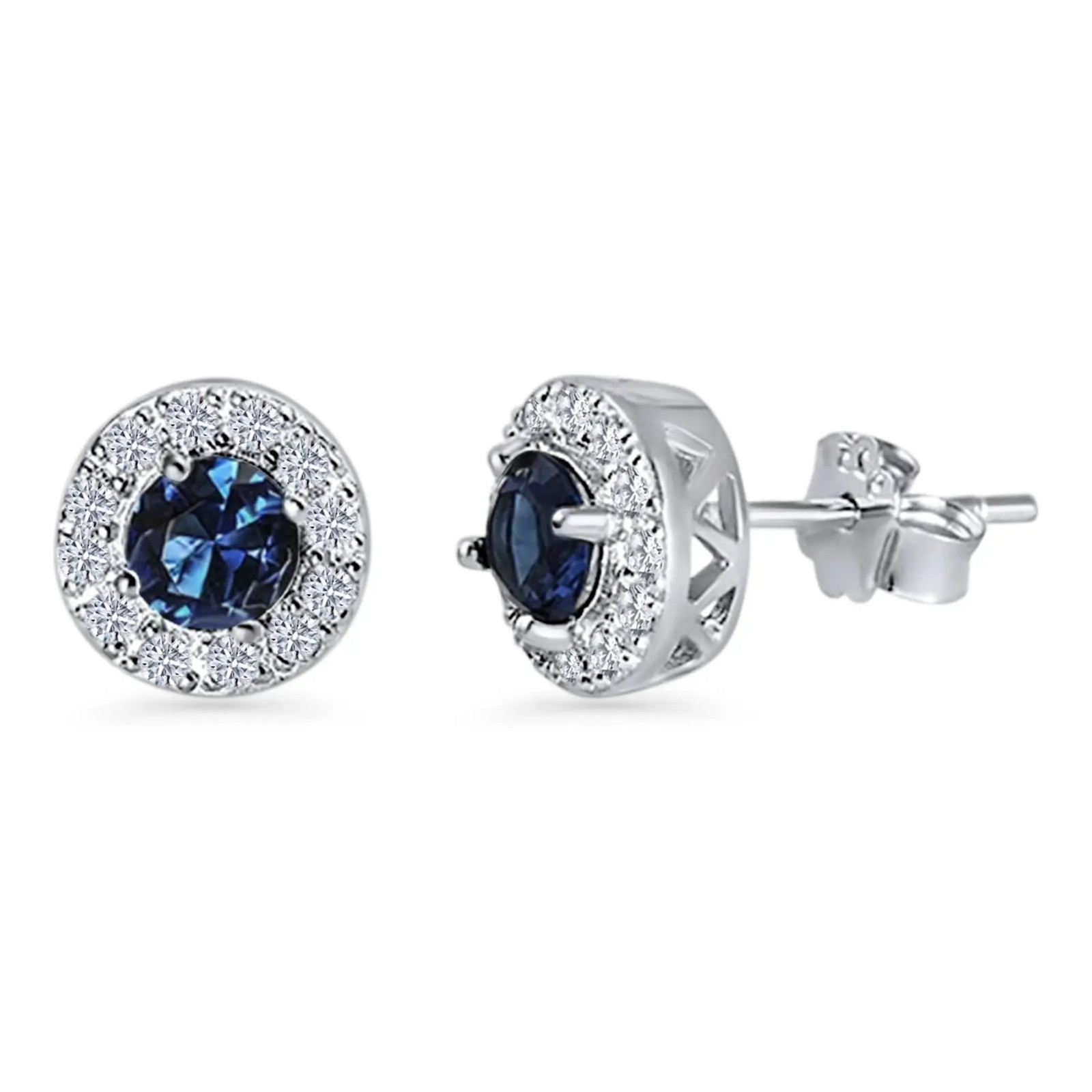 1 ct. Genuine Blue & White Sapphire Halo Stud Earrings in Sterling Silver