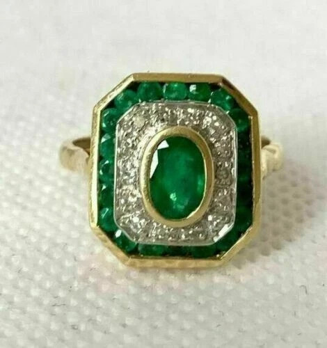 3.00 Ct Oval Cut Natural Emerald & Diamond Wedding Ring 14K Yellow Gold