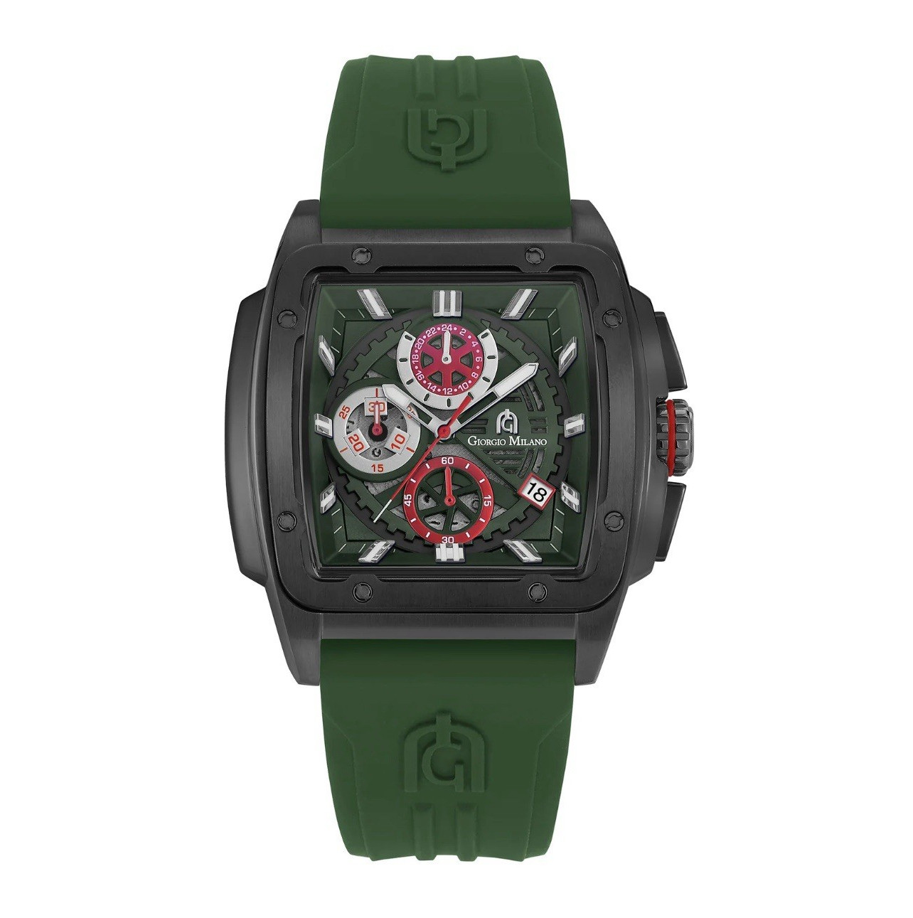 Giorgio Milano Men’s Quartz Square 44mm Black SS Green Rubber Strap Date 50m