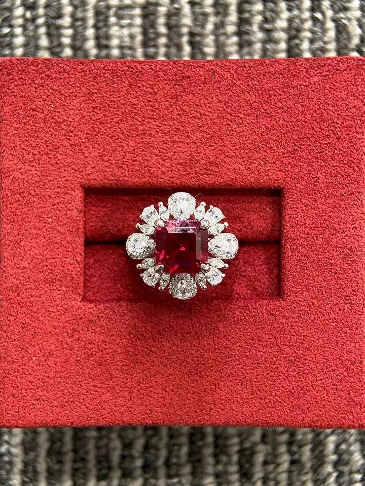 3.44Ct Asscher Cut Natural Ruby Diamond Wedding Ring 14K Real White Gold Size 6