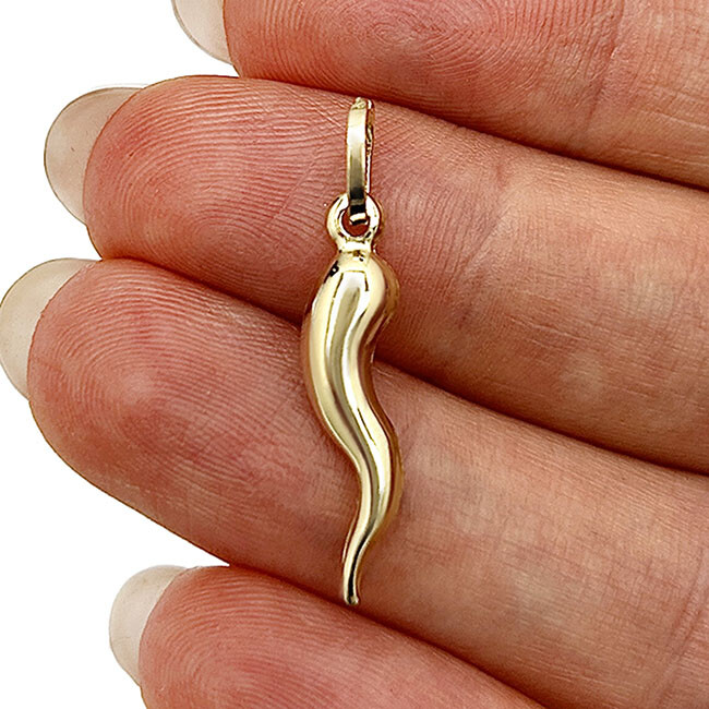 14K Real Gold Hollow Italian Horn Charm Pendant 1.2″