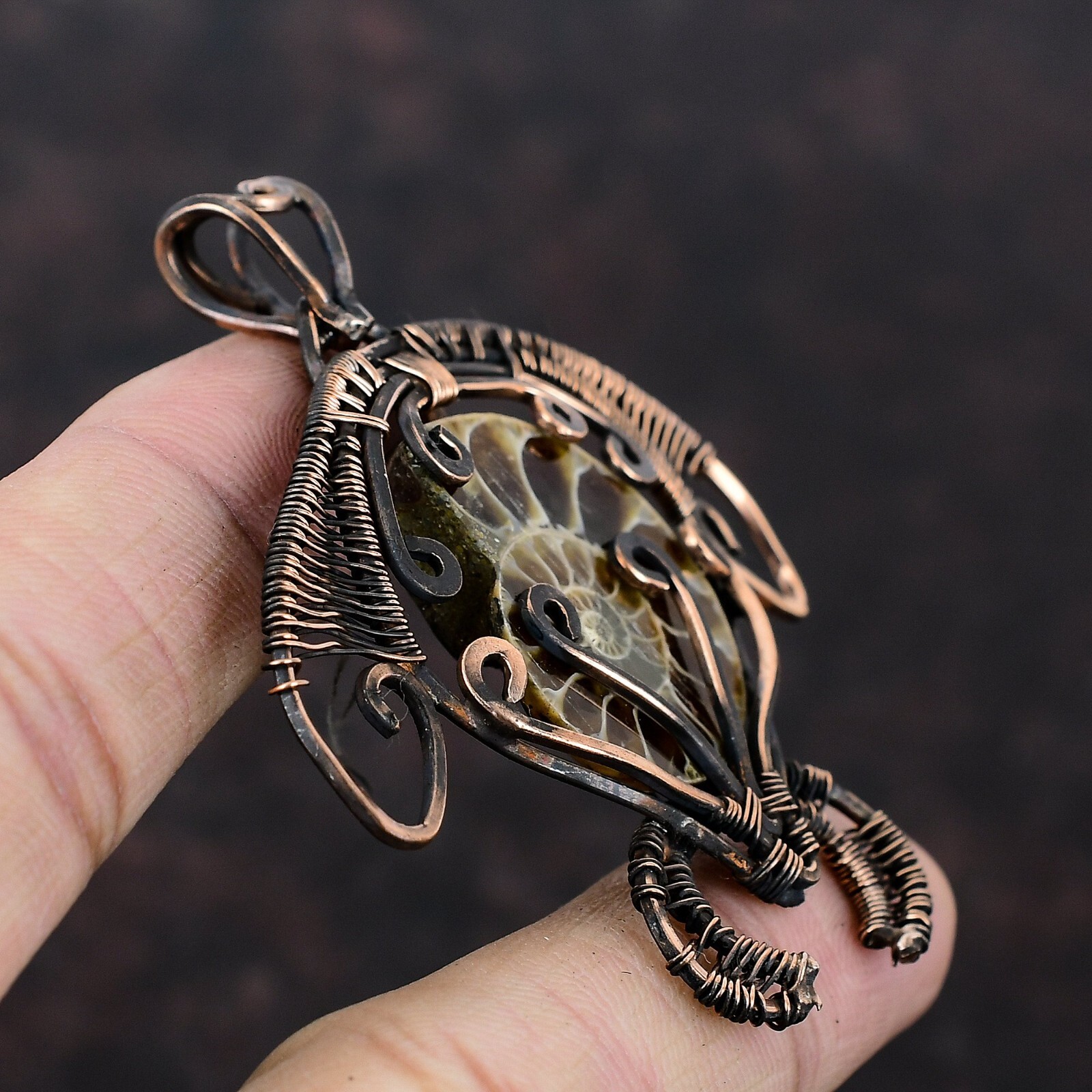 Gift For Her Copper Ammonite Fossil Jewelry Wire Wrapped Tortoise Pendant 2.56″