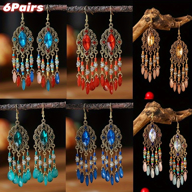 6 Pairs Bohemian Style Tassel Earrings Perfect Natural Stone Jewelry Gift