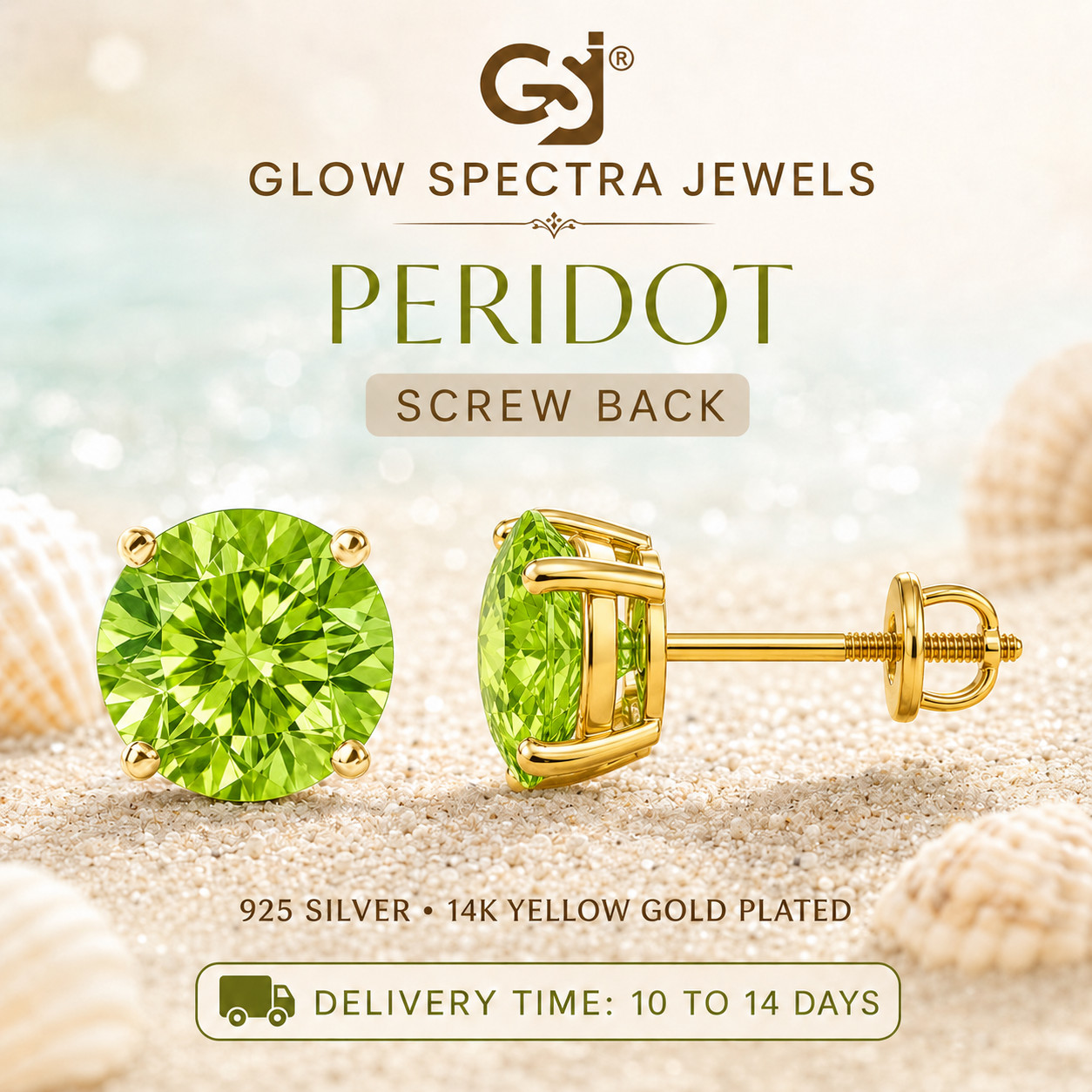 2.00CT Solitaire Green Peridot Stud Erring Screw Back 14k Yellow Gold Plated