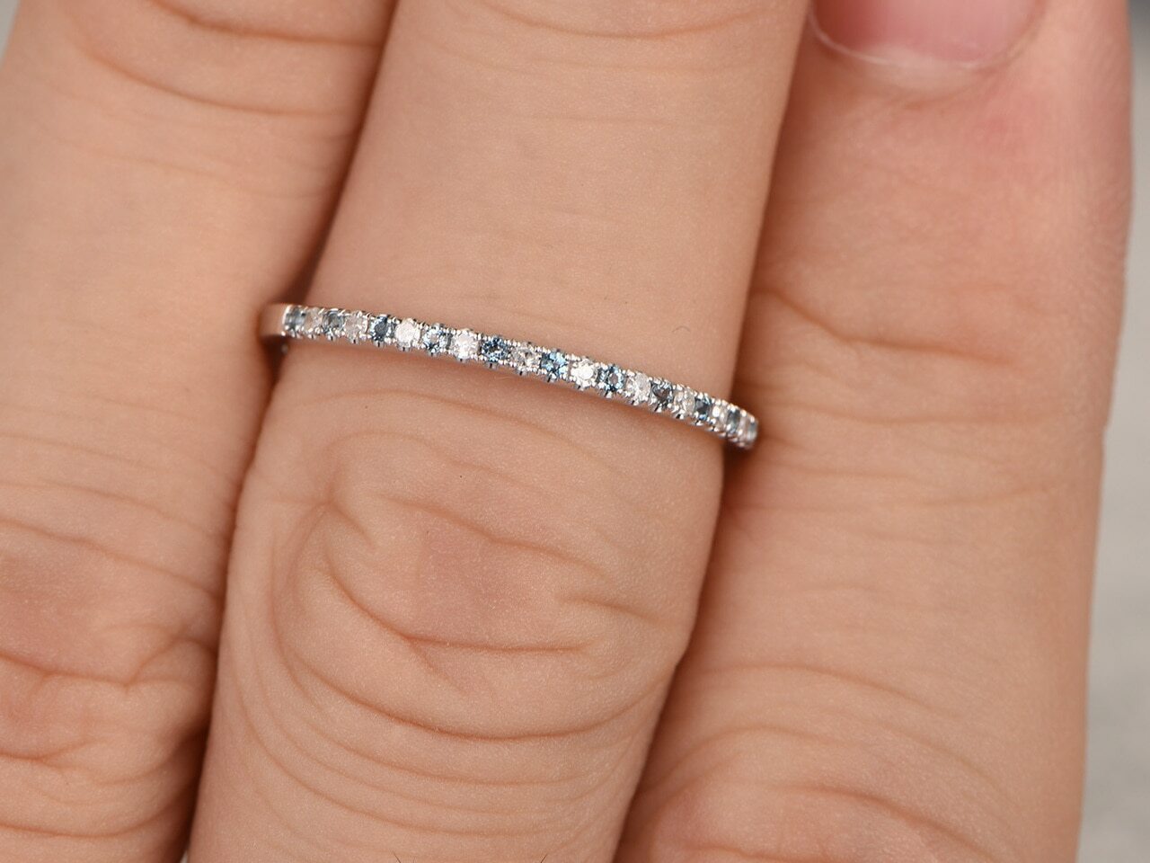 0.7ct Lab-Created Blue Aquamarine Wedding Band Half Eternity White Gold Plated