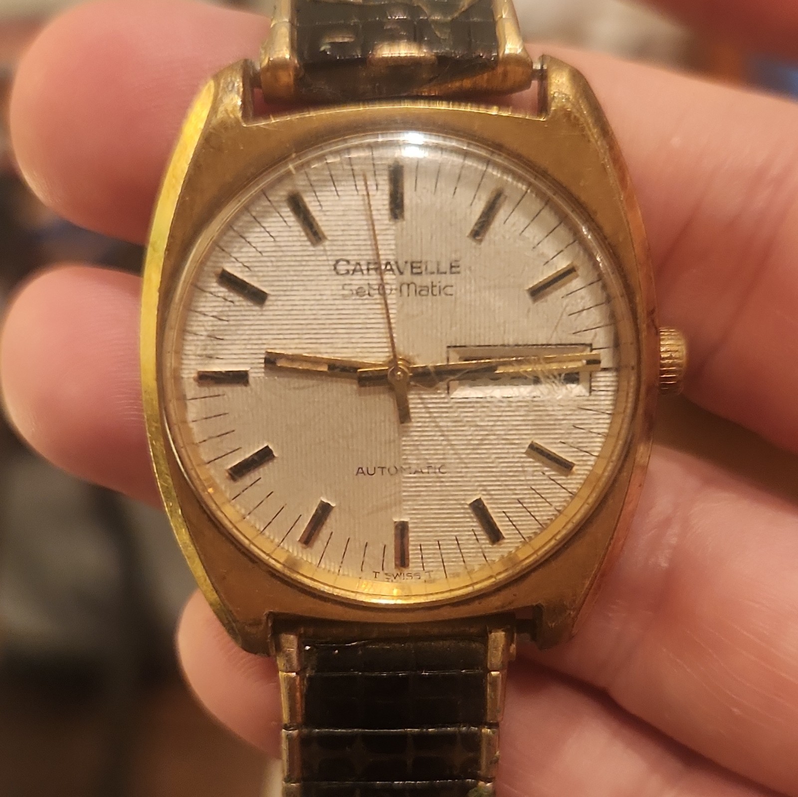 Caravelle Set-O-Matic Men’s Automatic Day/Date Gold Tone Brown Leather Watch