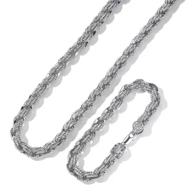 Mens White/Rose Gold Plated Iced CZ Rope Chain & Bracelet Set Fahshion Jewelry