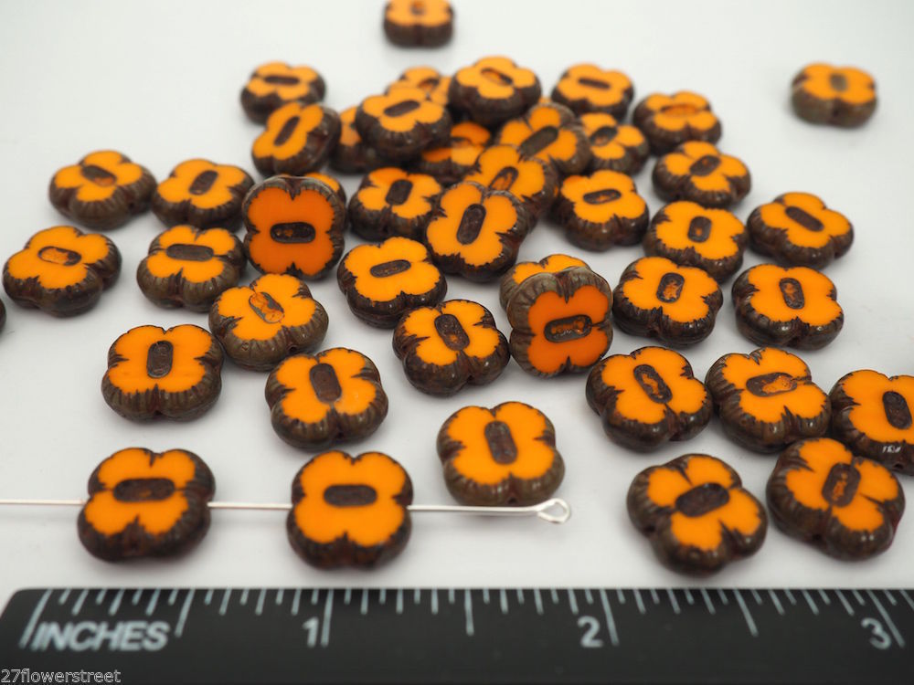 24 Czech Glass Table Cut Flower Window Beads 12mm Opaque Orange Picasso P101