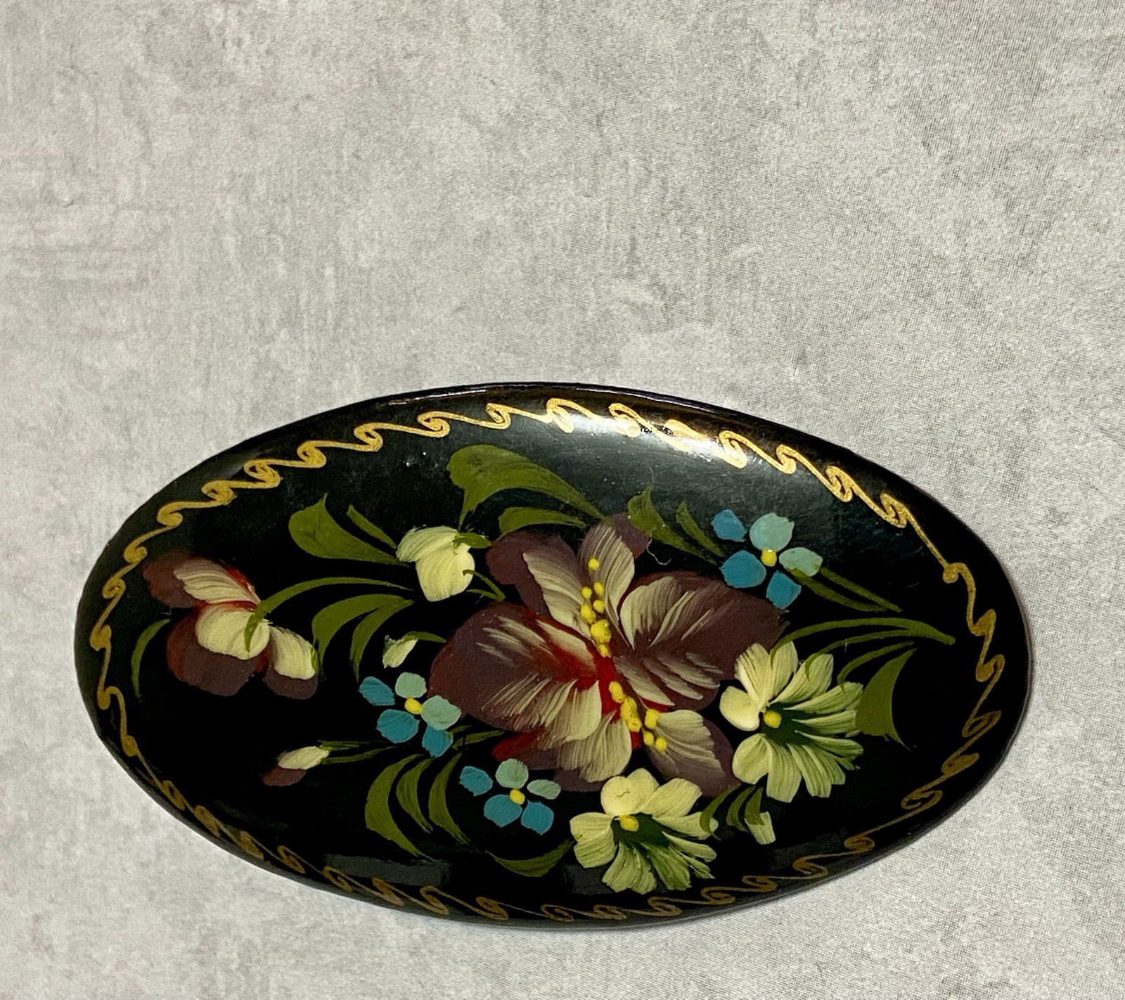 Vintage Russian Brooch Hand Painted Black Lacquer Floral Pin Signed 2.25″