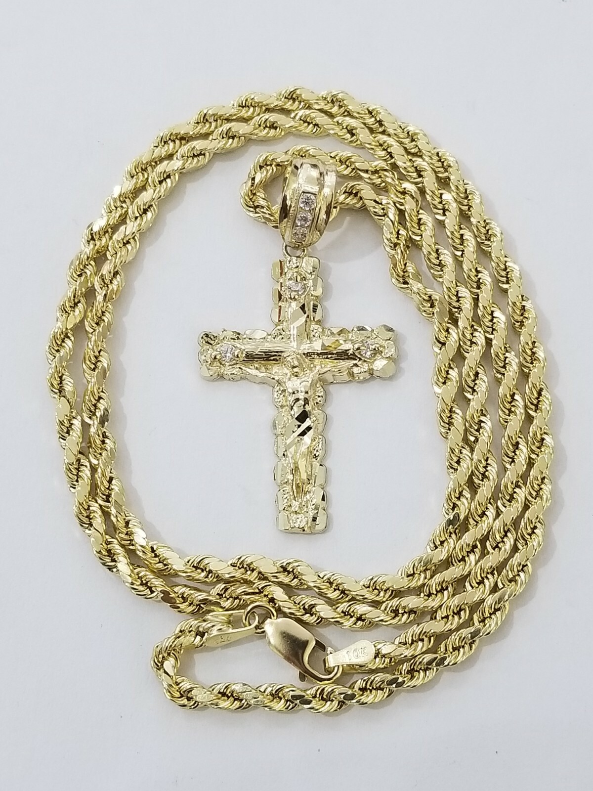 Real Solid 10k Gold Rope Chain Cross Charm 4mm Necklace & Pendant Set 16″-28″