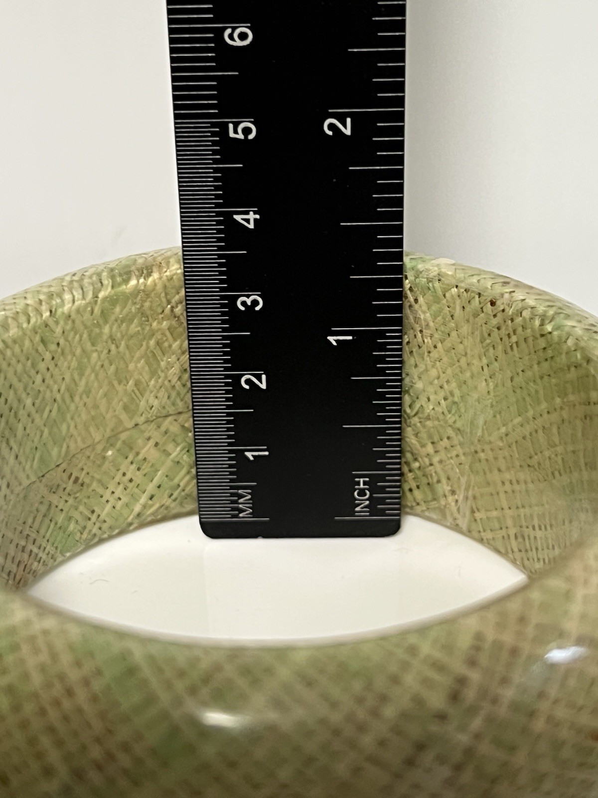 Vintage Chunky Bangle Bracelet Green Burlap Fabric Encased in Acrylic Lucite