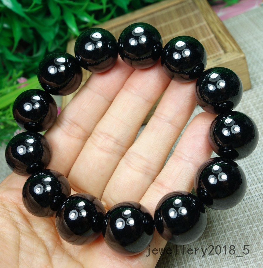 Certified Black Green Burma 100% natural A jadeite jade Bead Bracelets墨翠18mm圆珠手链