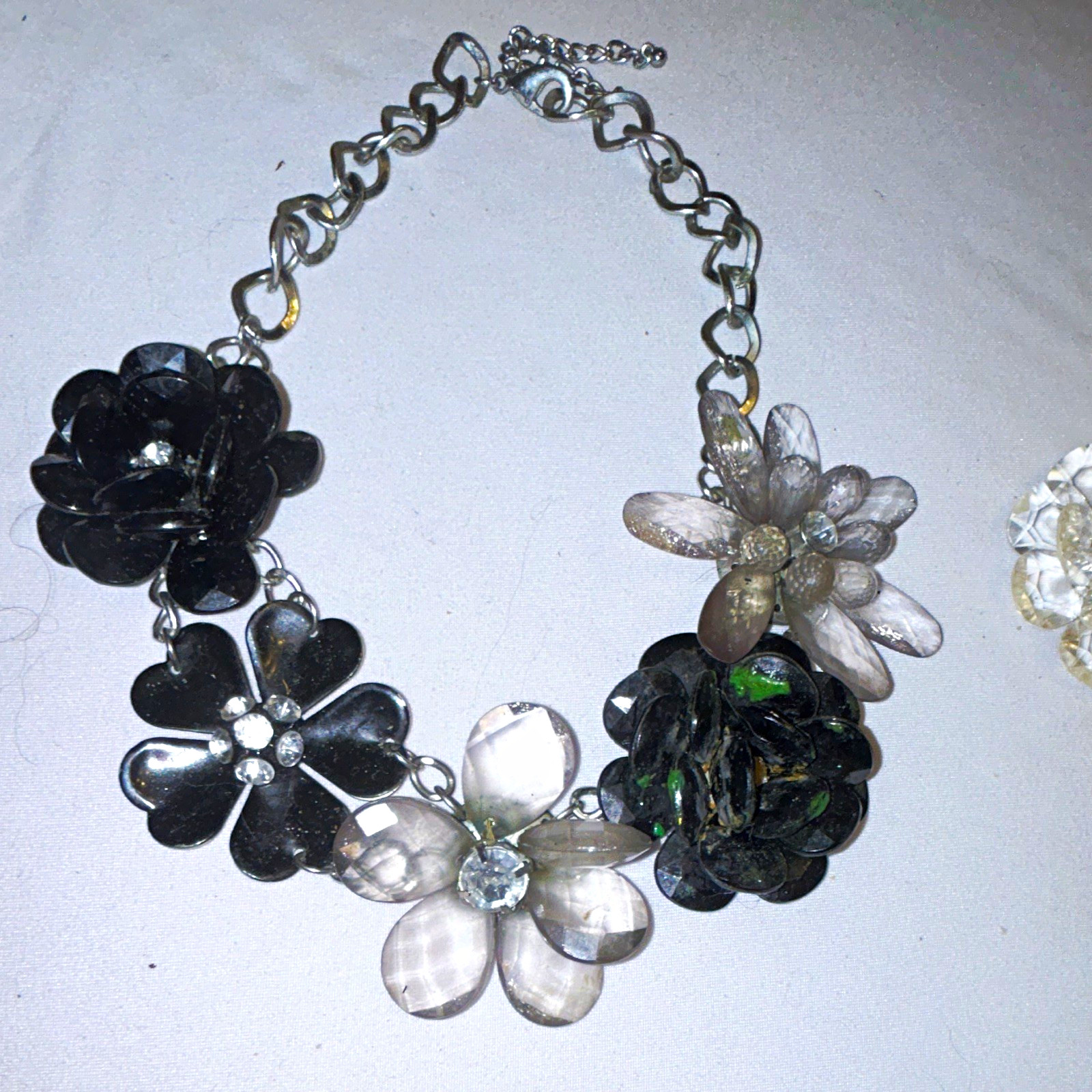Lot of 2 Flower Dangle Charm Cable Chain Bracelets Clear Crystal, Adjustable