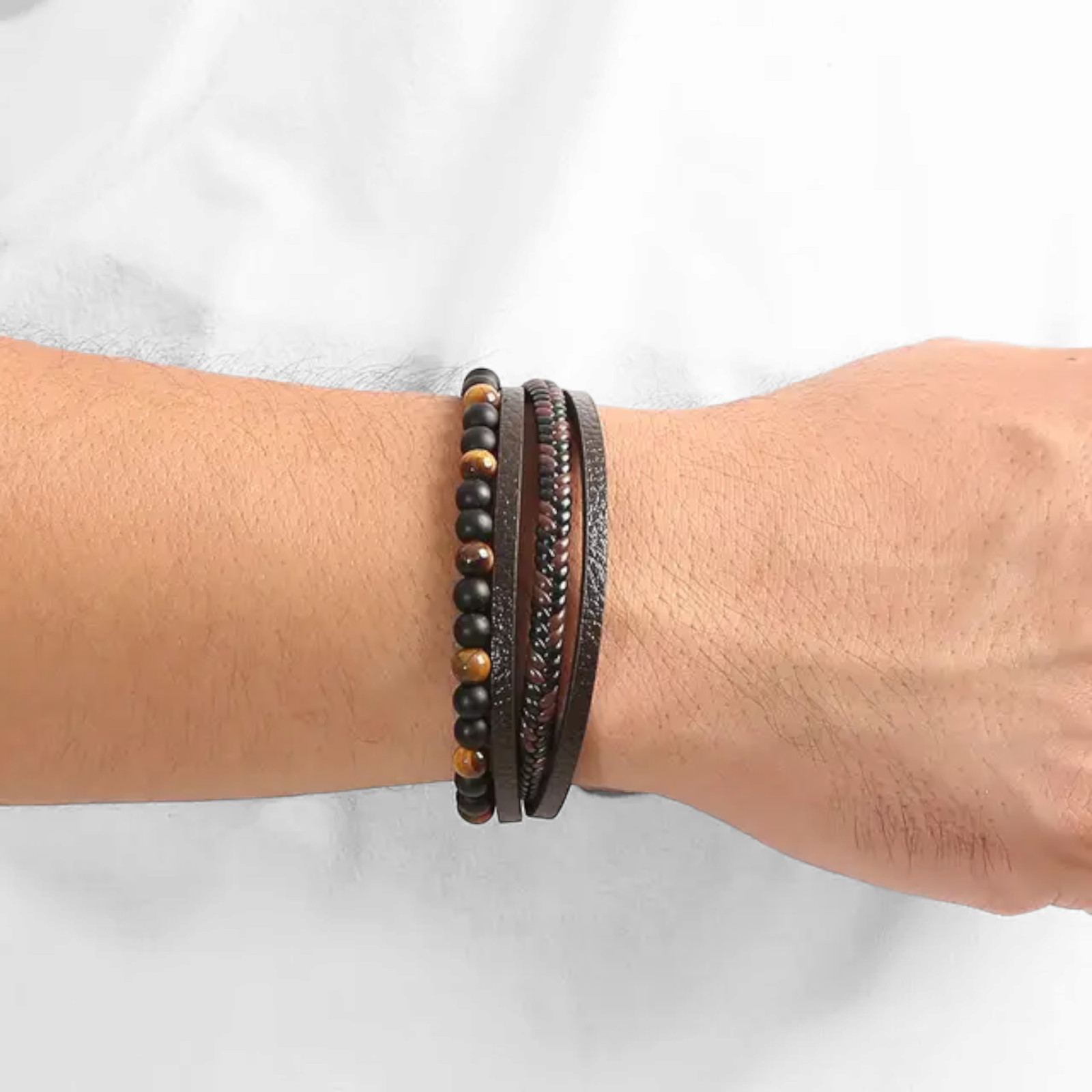 Men’s Layered Braided Leather Beaded Bracelet With Tiger Eye, Natural Stone
