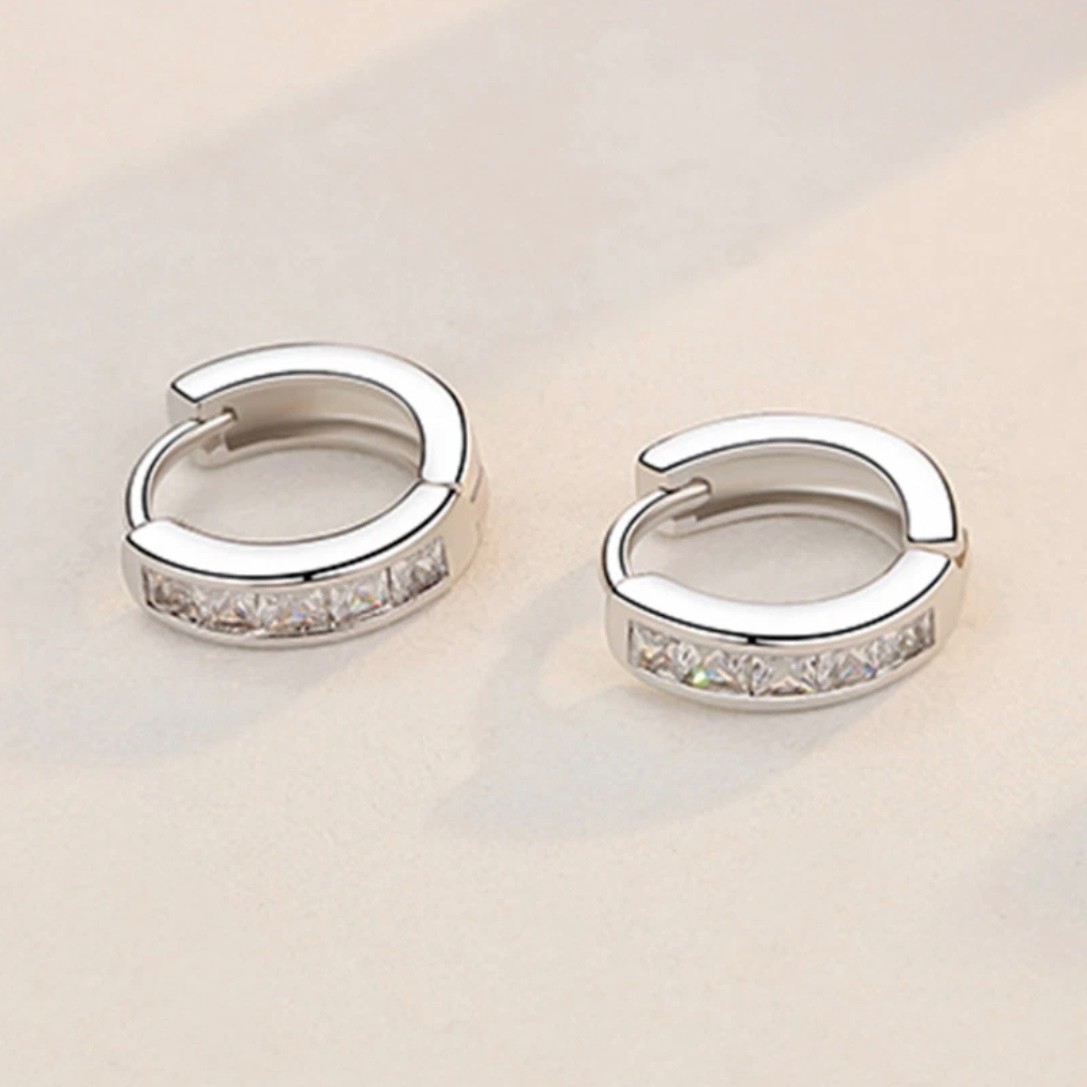 925 Sterling Silver Plated Square CZ Huggie Hoop Earrings Women Men