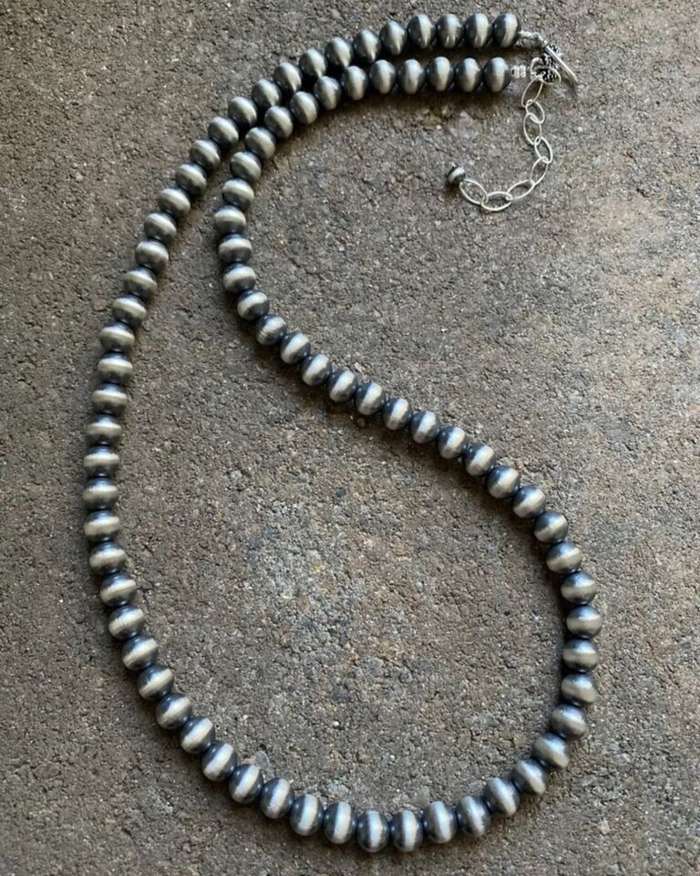 7mm 30 Inch 925 Sterling Silver Oxidized Pearls Bead Necklace Southwestern