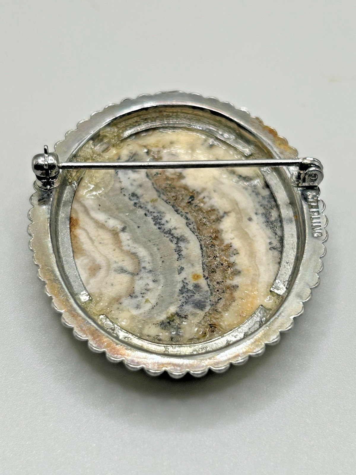 Hand Cut & Polished 2″ Dendrite Agate Stone Cabochon Pin in Sterling Silver JP2