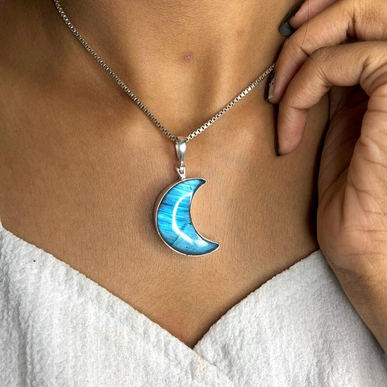 Labradorite Pendant 925 Sterling Silver Handmade Half Moon Pendant Gift For Her