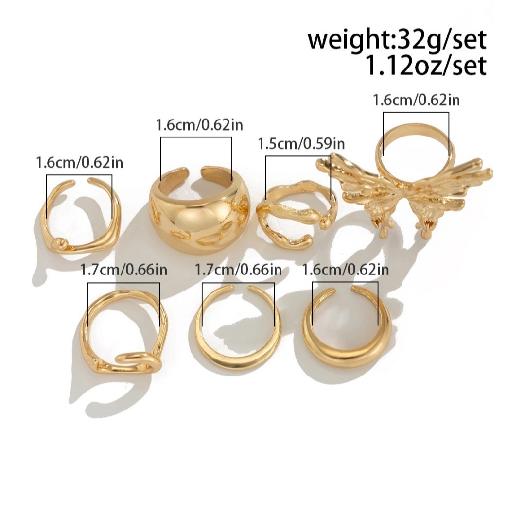 7Pcs Chunky Butterfly Ring Set Adjustable Statement Stackable Rings