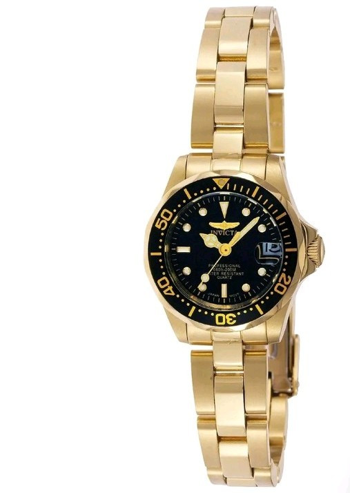Invicta Pro Diver Women’s Gold Tone SS Bracelet Black Dial Quartz Date 200m