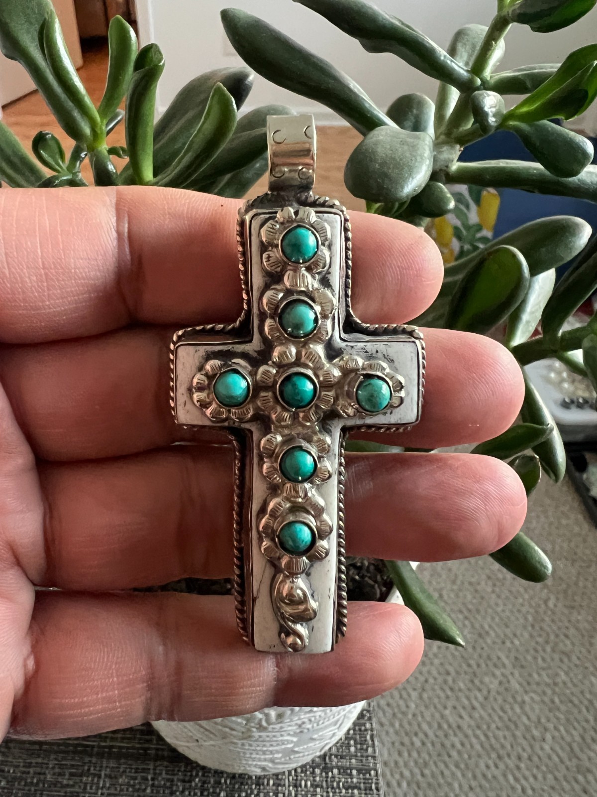 Cross handcarved with Turquoise pendant, Tibetan repousse silver (P-20)