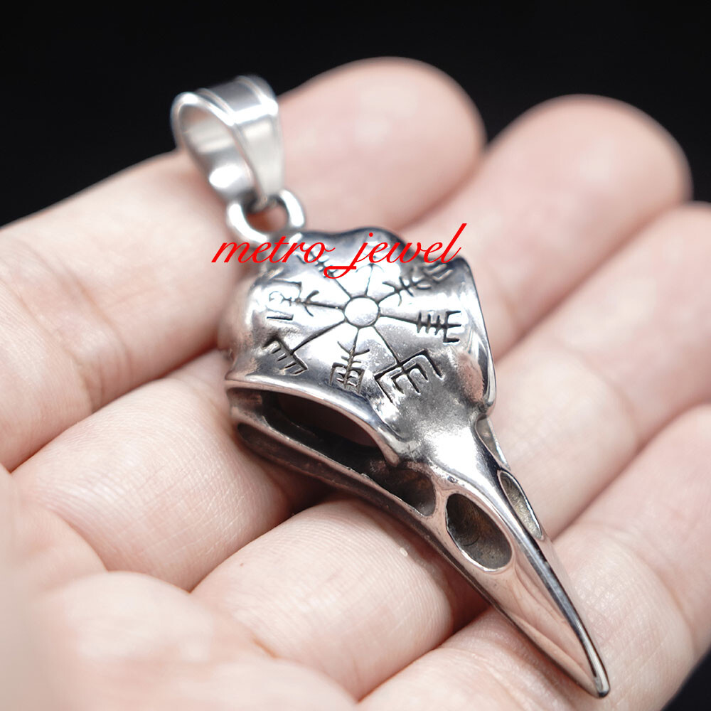 JXC Stainless Steel Mens Norse Viking Raven Skull Vegvisir Pendant Necklace Men