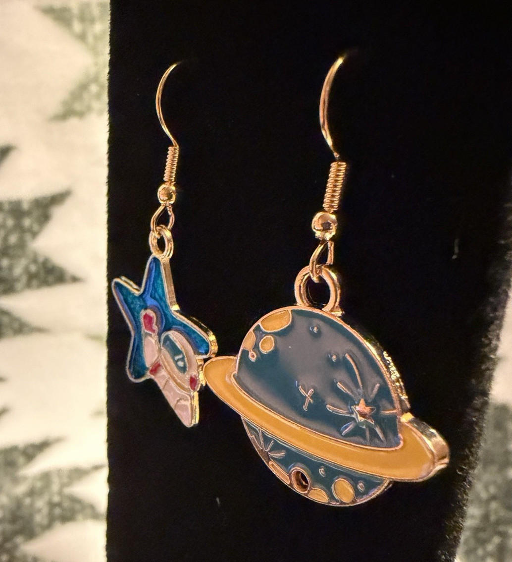 Blue Enamel Space Astronomy Asymmetrical Dangle Drop Earrings w/ Hook Closure