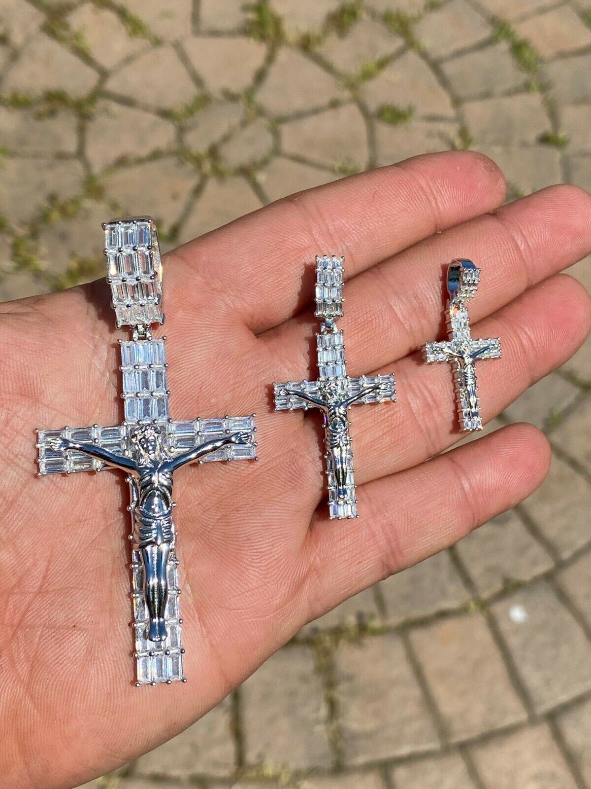 Solid 925 Sterling Silver Cross W. Jesus Pendant Baguette Iced CZ Necklace Big