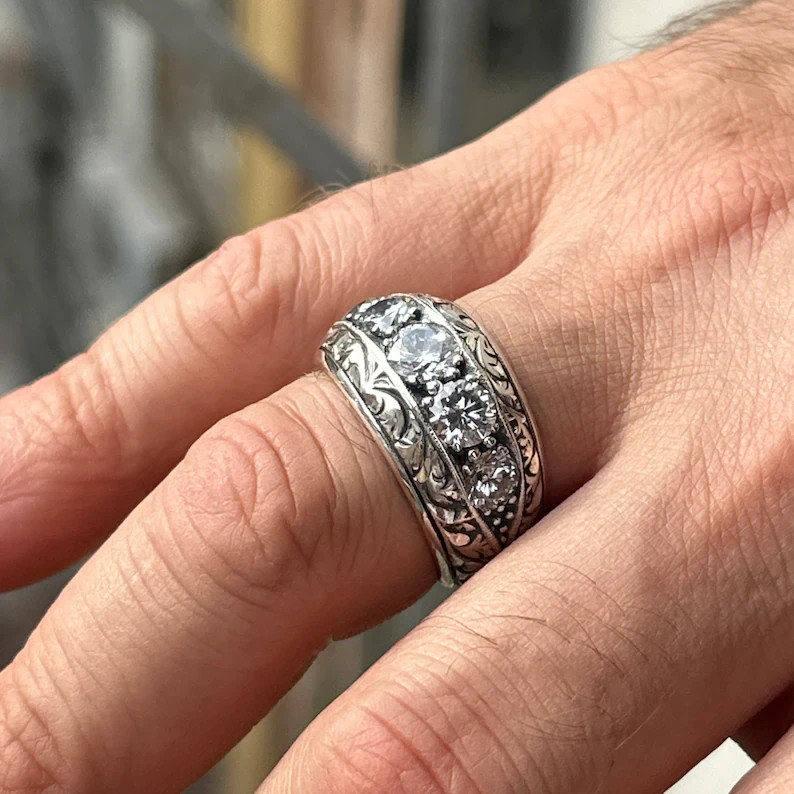 Men 925 Band Ring Silver Moissanite Ottoman Handmade Turkish Wedding Ring