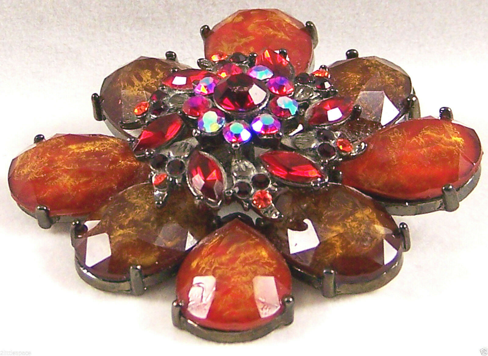 Flower Pin Cluster Rhinestone Brown Orange Red Aurora Borealis BronzeTone Brooch