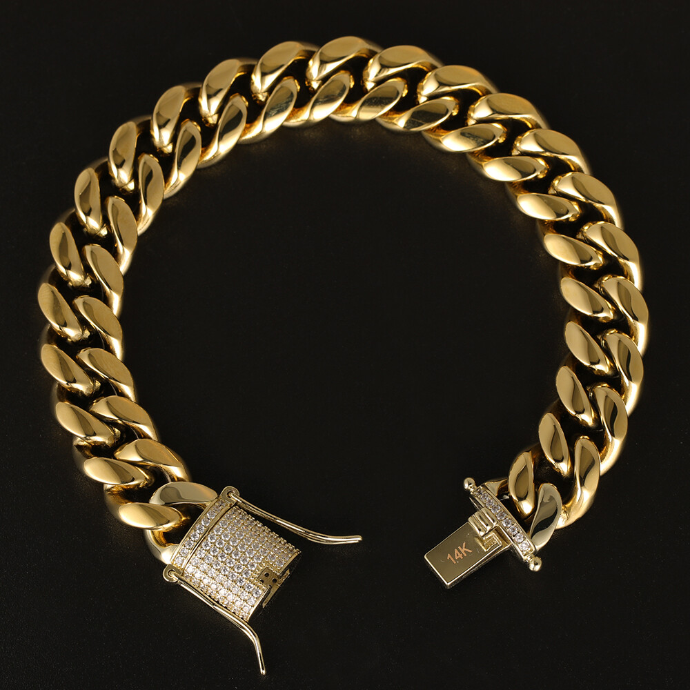 14K Gold Plated Chain CZ Clasp Stainless Steel Miami Cuban Link Bracelet 6-14MM