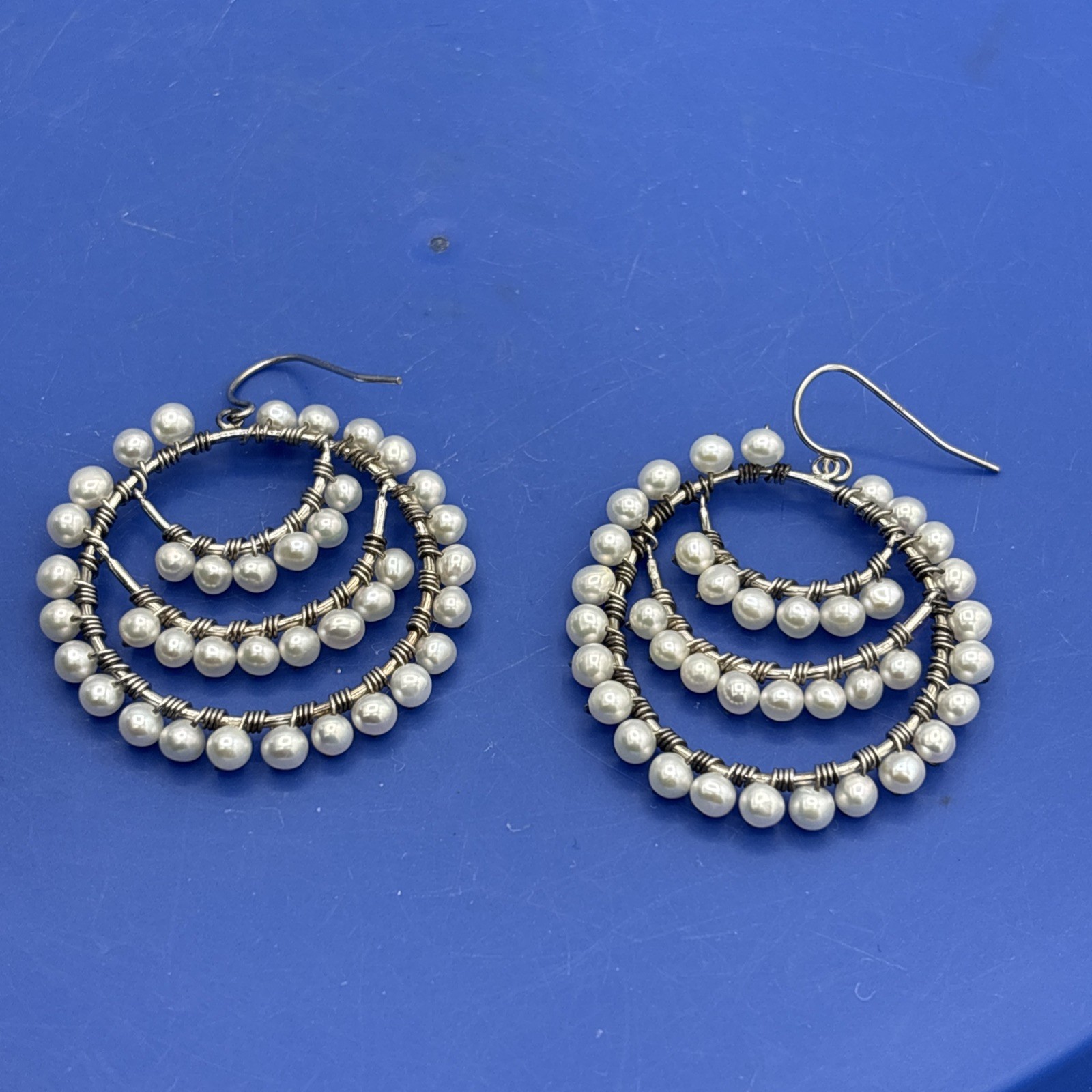 925 Sterling Silver Multi Hoop Wire Wrapped Faux Pearl Dangle Earrings 1.5″
