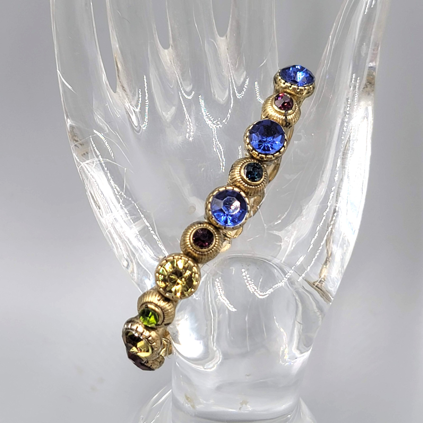 Multicolor Round Rhinestone Bracelet Gold tone Elastic 6.5 in