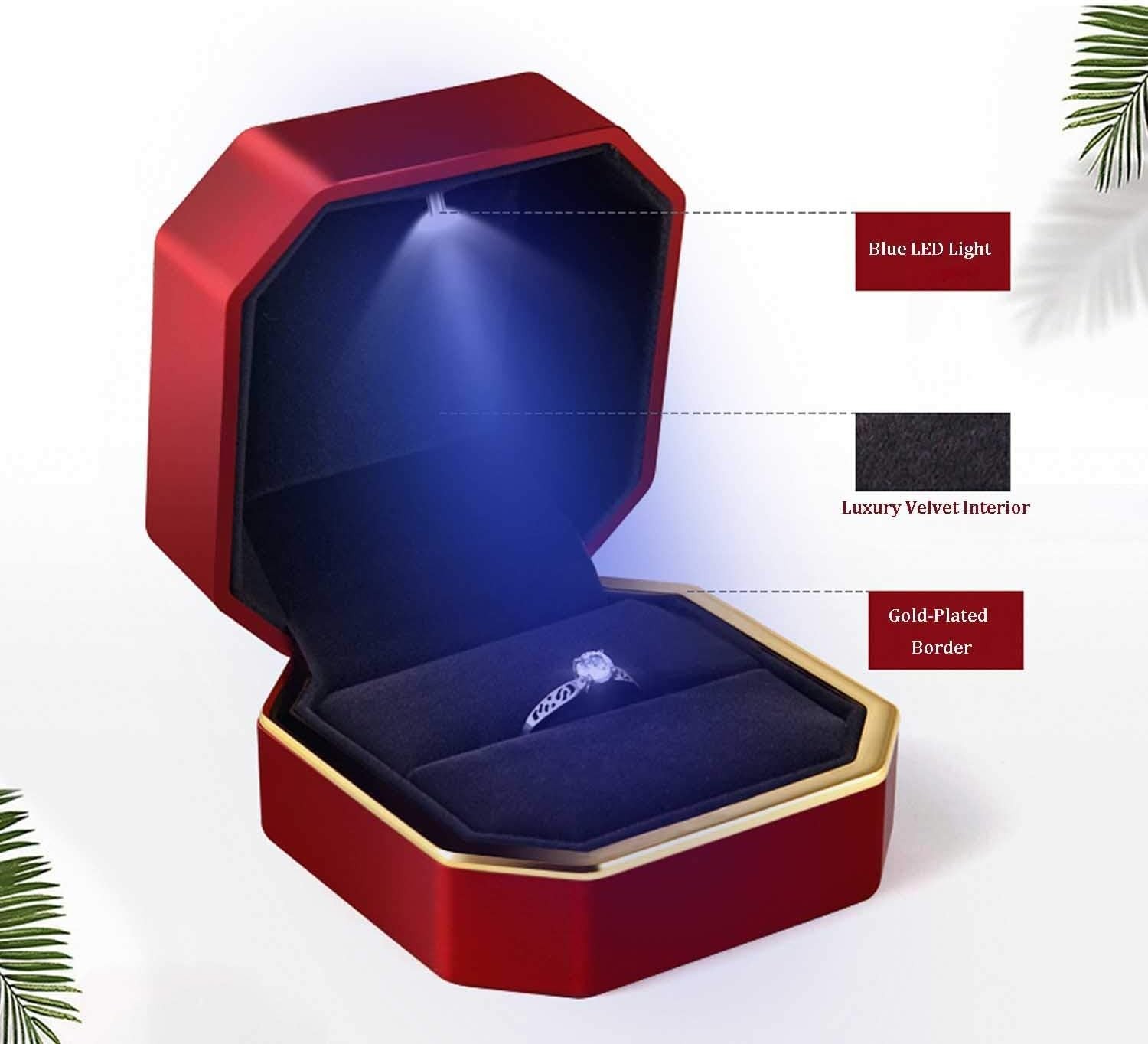 Luxurious Red Velvet Ring Box with LED Light for Engagement & Wedding Ceremonies