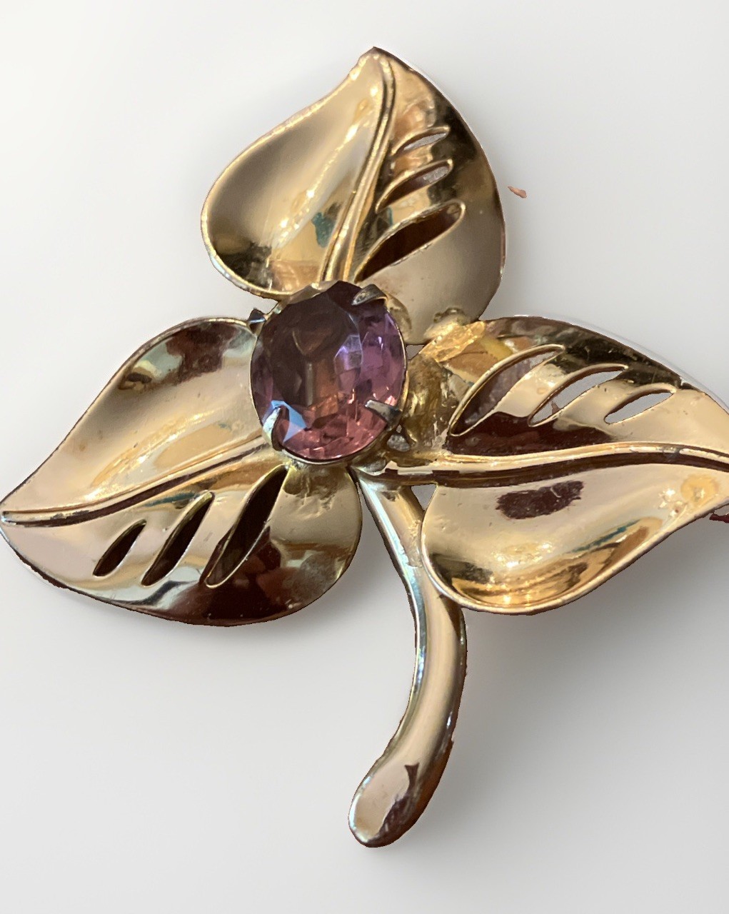 Vintage signed CORO Sterling Gold Vermeil Purple Amethyst Glass Rhinestone PIN