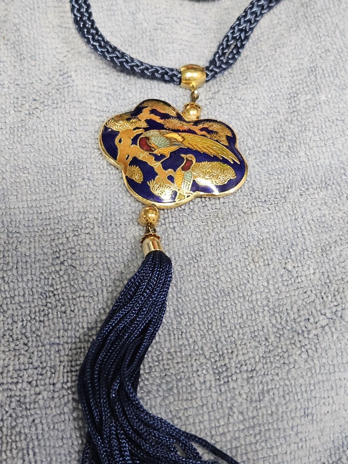 Vintage Cloisonne Gold Tone Peacock Pendant & Necklace 24″ Double Cord