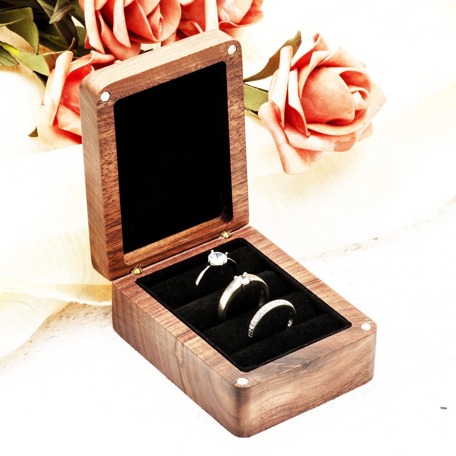 COSISO Walnut Wooden Ring Box 3 Slots for Wedding Ceremony Black Inner