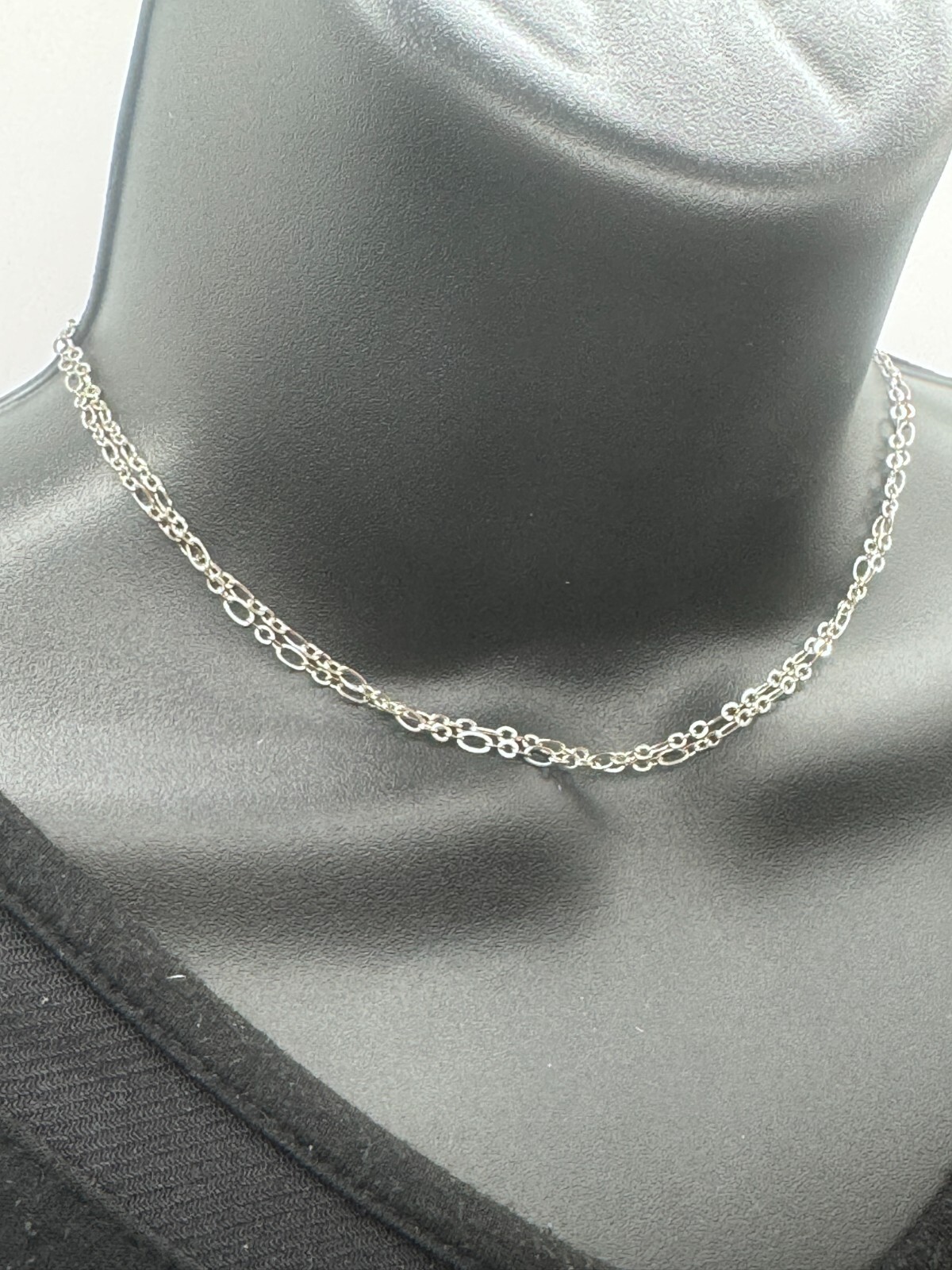Simple Silver Tone Two Stranded Choker Necklace 28″ Cable Variation Link Chain